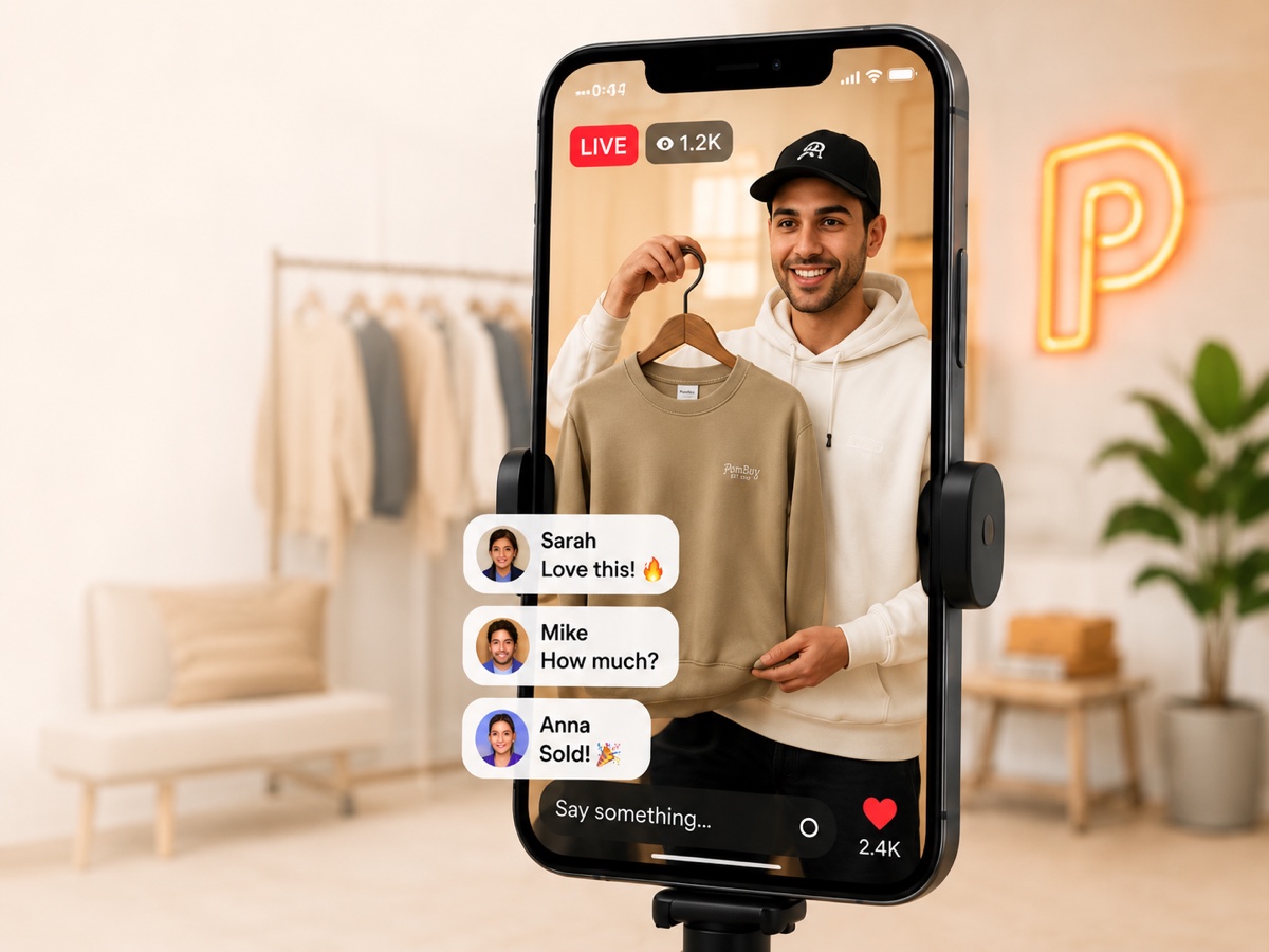 A seller presenting a fashion item during a PomBuy live sale